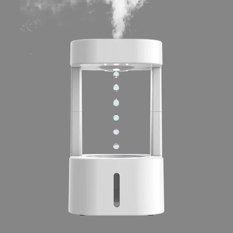 White anti-gravity water drop humidifier with floating droplets illusion and USB cable