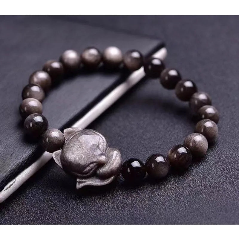 Obsidian gemstone bracelet with 8mm fox head pendant and adjustable knot closure