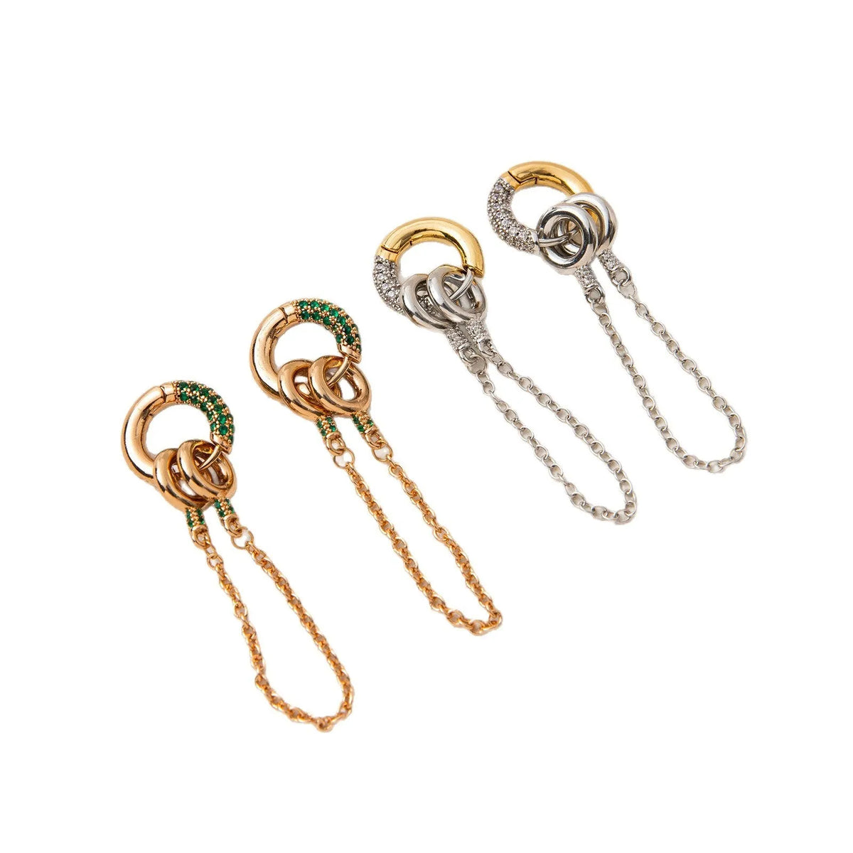 Pair of zircon ear studs with chain, electroplated copper, green or steel zircon, unisex two-way earrings