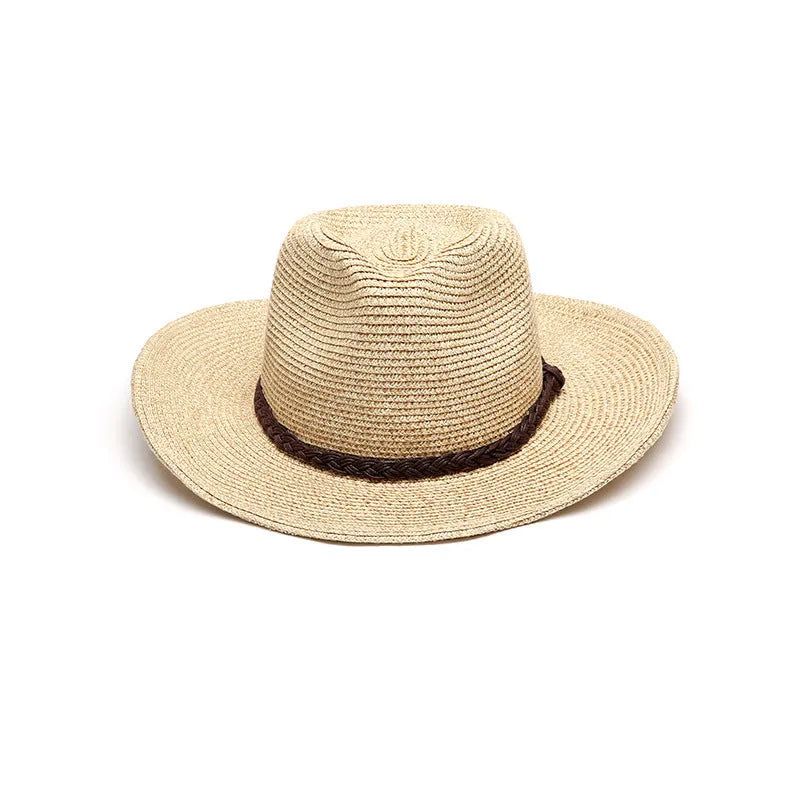 Men's foldable wide-brim straw sun hat in beige, showing its packable design.