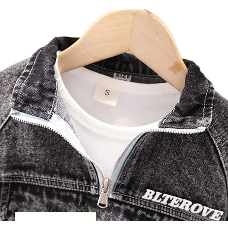 Boys' blue denim two-piece suit set with long sleeves, showing top and trousers laid flat.