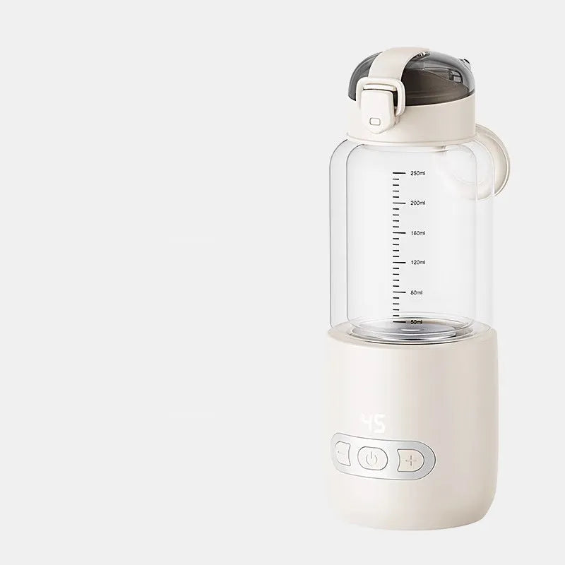 Wireless portable baby milk mixer with thermostatic cup and glass body, 86x210mm, shown in white, pink, blue or yellow.