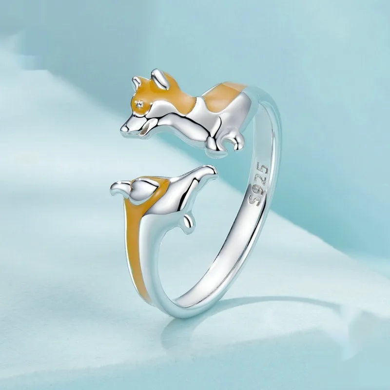 Silver ring with cartoon corgi design and adjustable sizing for women