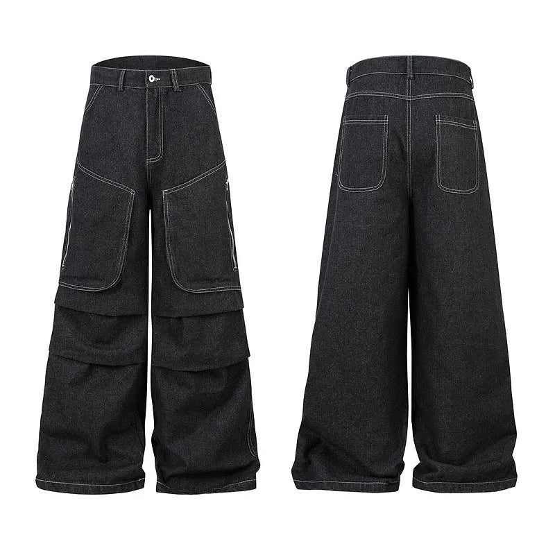 Black pleated multi-pocket workwear jeans with a mid waist and zip fly.