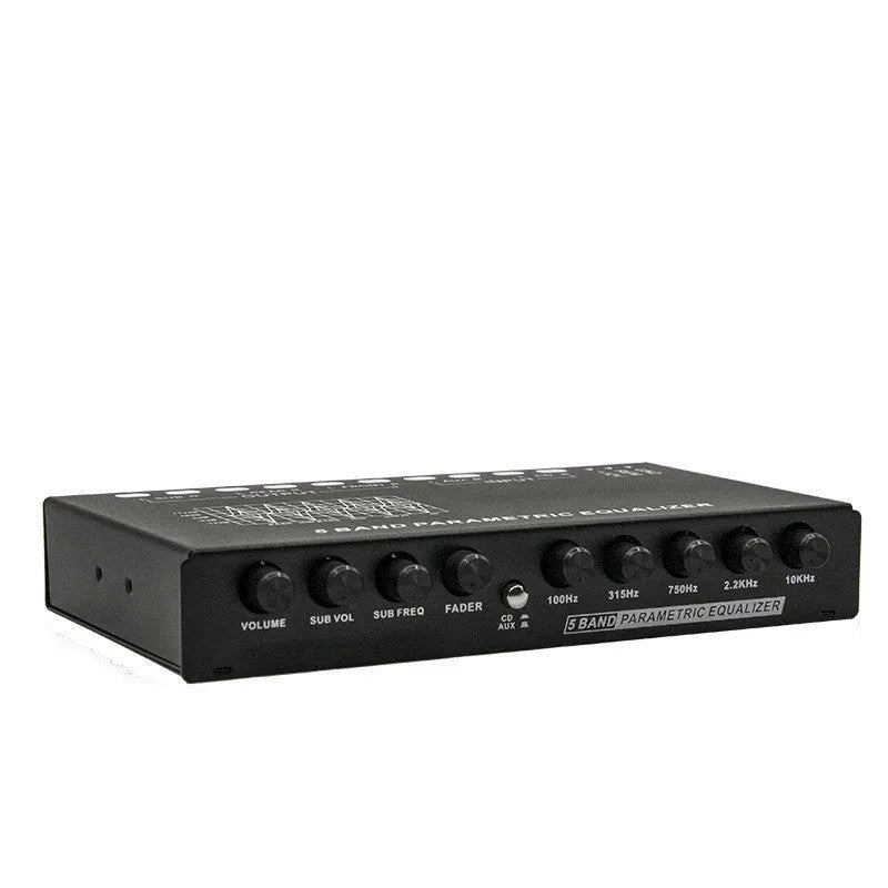 Car audio EQ tuning frequency division amplifier with control knobs for seven-band frequency adjustment and volume controls