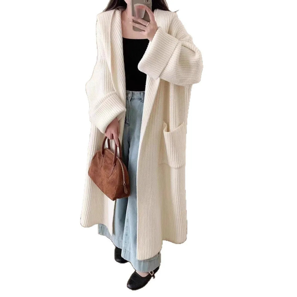 Women's loose grey hooded cardigan coat with raglan sleeves, 80cm length