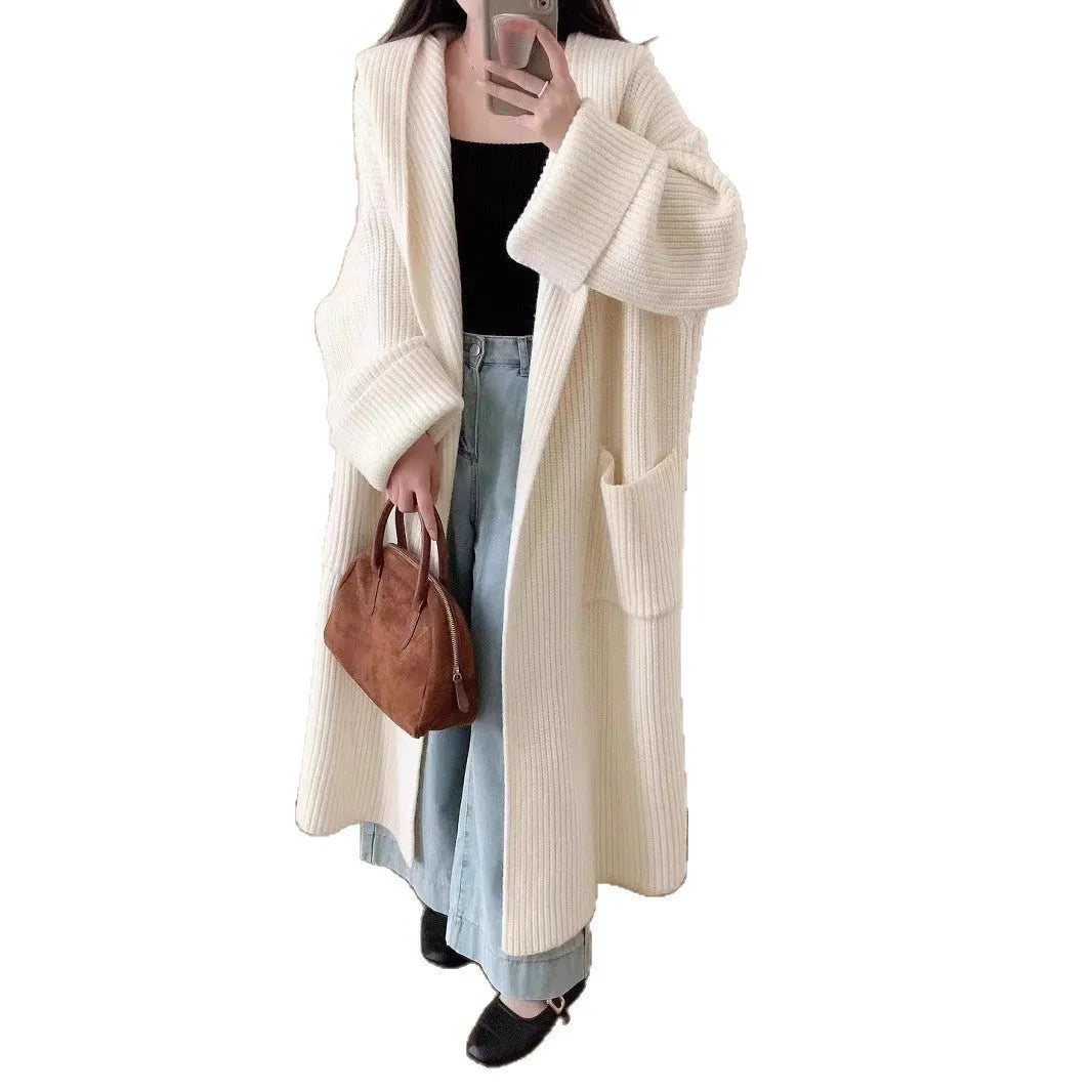 Women's loose grey hooded cardigan coat with raglan sleeves, 80cm length