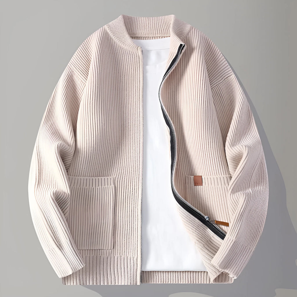 Men's casual sweater cardigan in beige, grey, black, red or green, loose fit, long sleeve, ribbed hem, sizes 165-190
