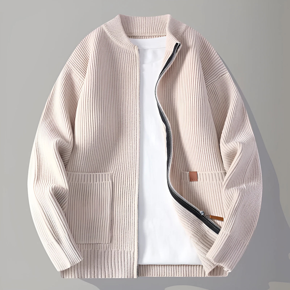 Men's casual sweater cardigan in beige, grey, black, red or green, loose fit, long sleeve, ribbed hem, sizes 165-190