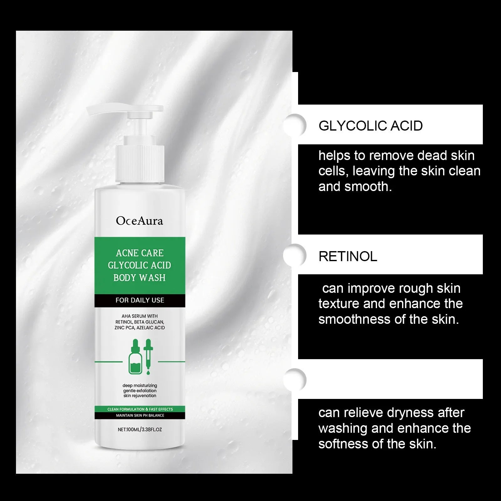 100ml tube of soothing moisturising shower gel with glycolic acid and retinol.