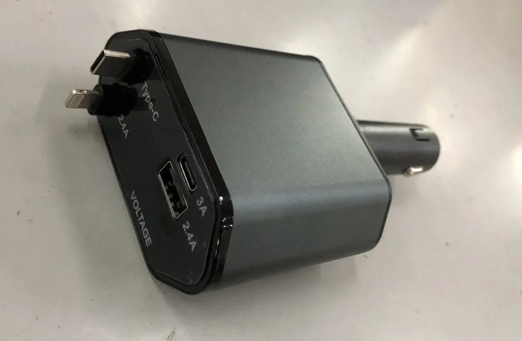 Automatic retractable car charger with extended headband showing four USB ports and cigarette lighter plug