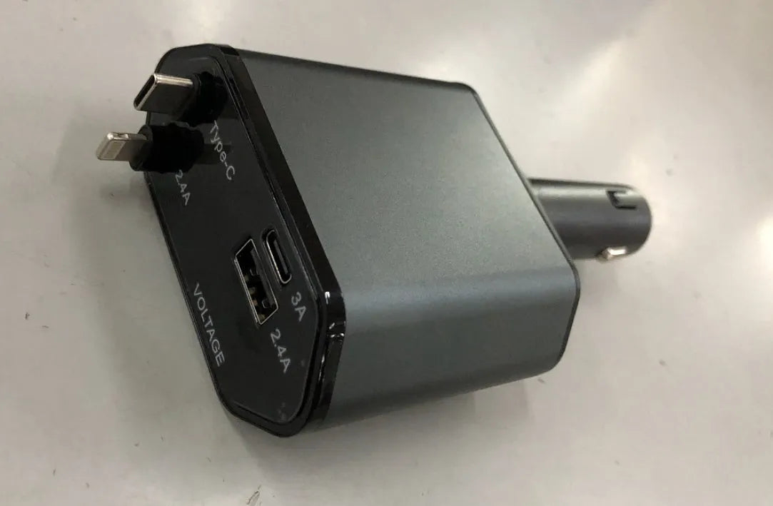 Automatic retractable car charger with extended headband showing four USB ports and cigarette lighter plug