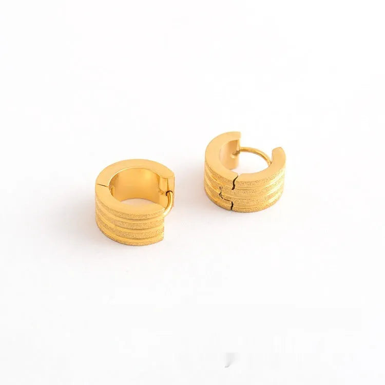 Geometric three-line frosted titanium steel earrings in black, gold, or steel colour.