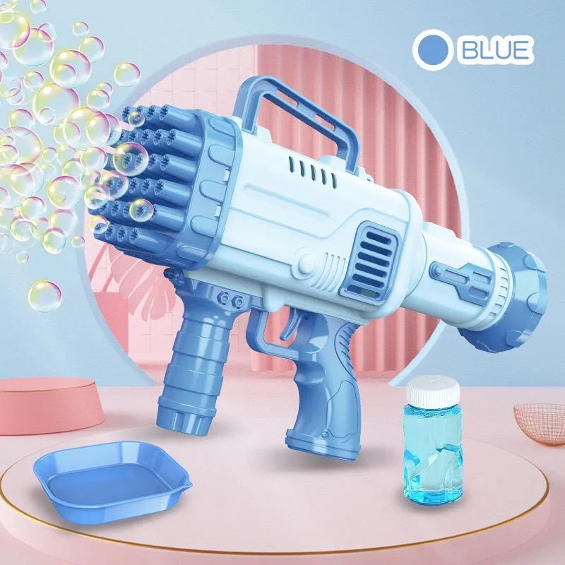 Electric bubble gun with 32-hole bazooka tip in cherry powder pink colour, illuminated version for children's outdoor play