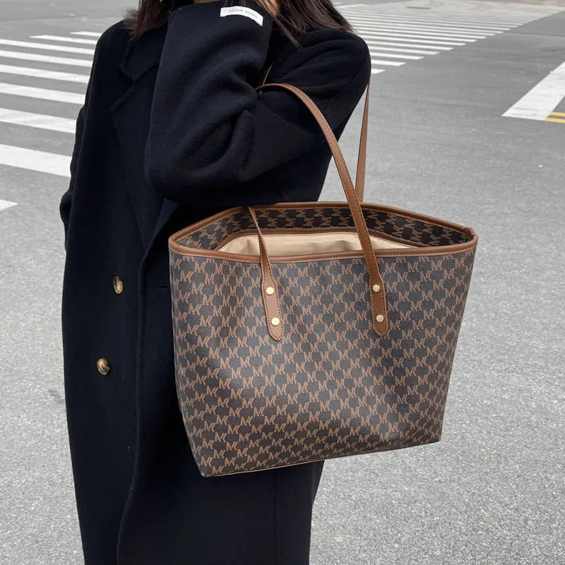 Women's large PU shoulder tote bag, 44cm wide, zip top, in black, beige or brown