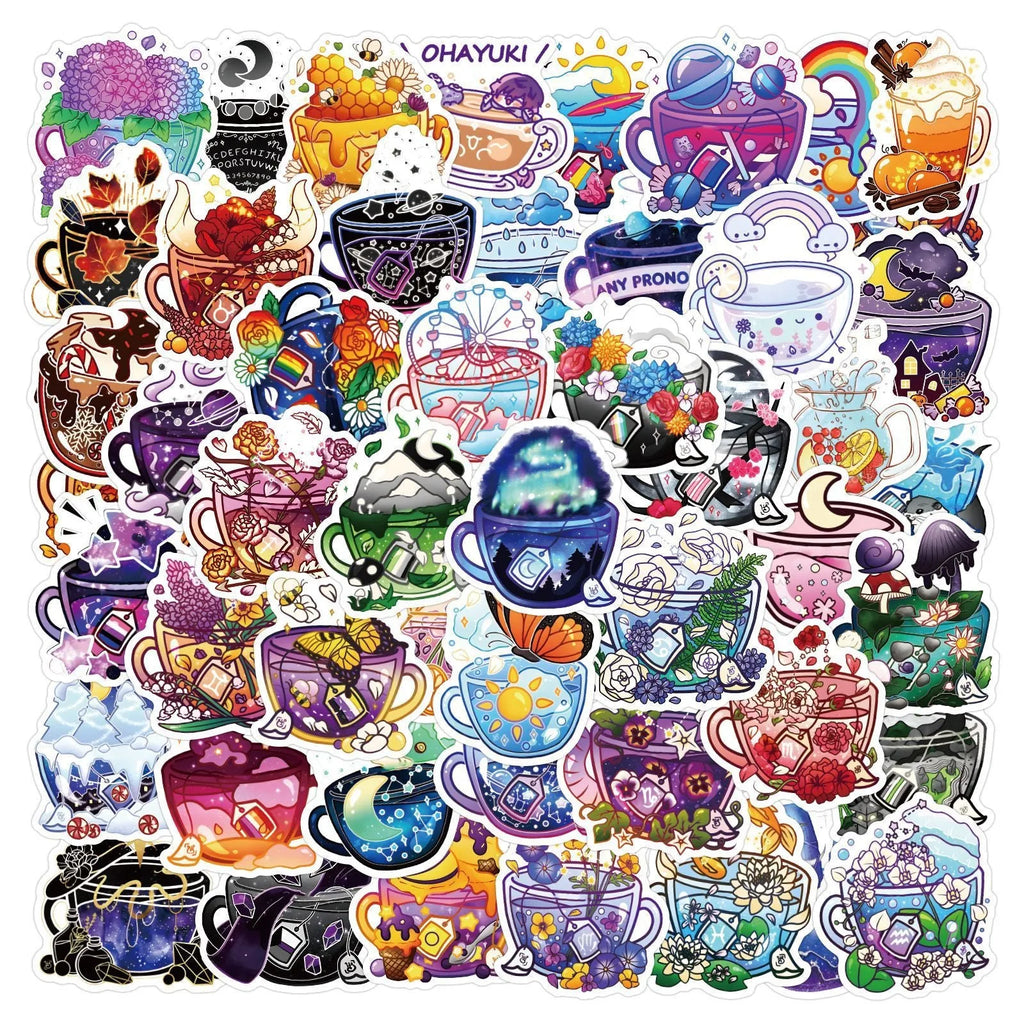 Pack of 50 colourful tea cup graffiti stickers in Nordic style for DIY luggage and scooter decoration