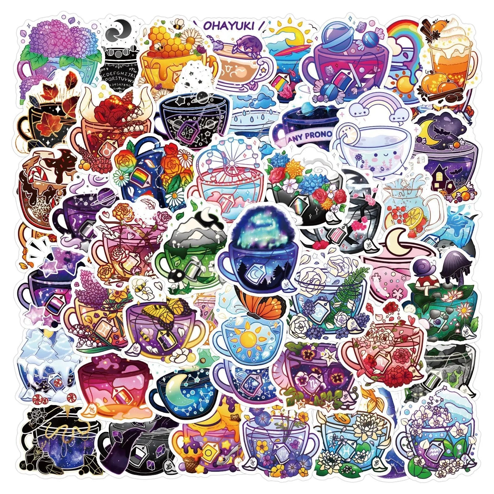 Pack of 50 colourful tea cup graffiti stickers in Nordic style for DIY luggage and scooter decoration