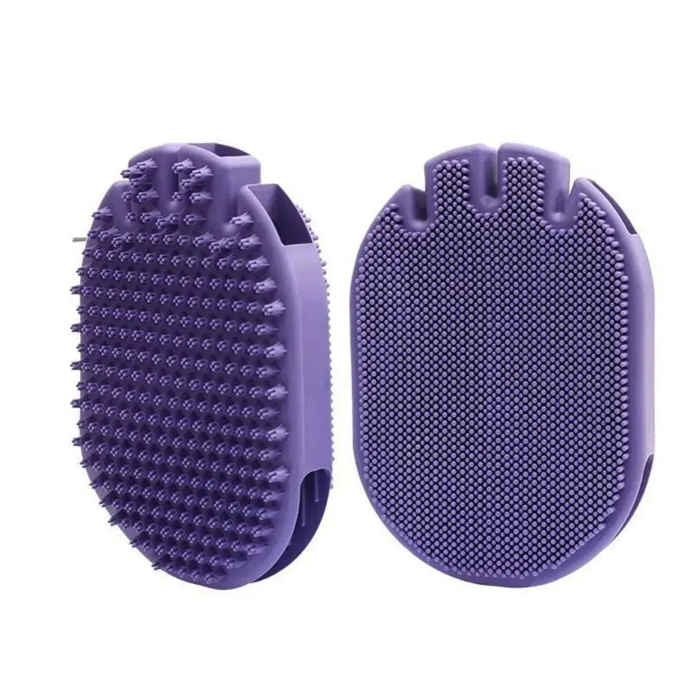 Purple pet shampoo massage brush with soft TPR bristles and ergonomic handle for dog and cat grooming