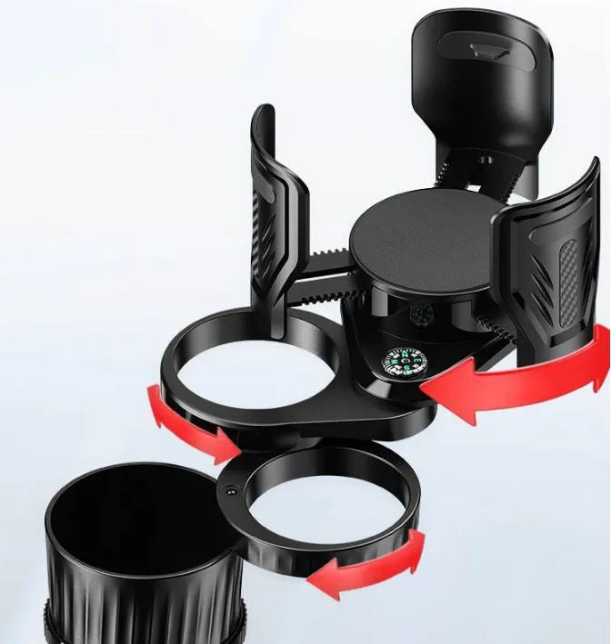 Black adjustable car cup holder with retractable base showing 6.5-10cm diameter range