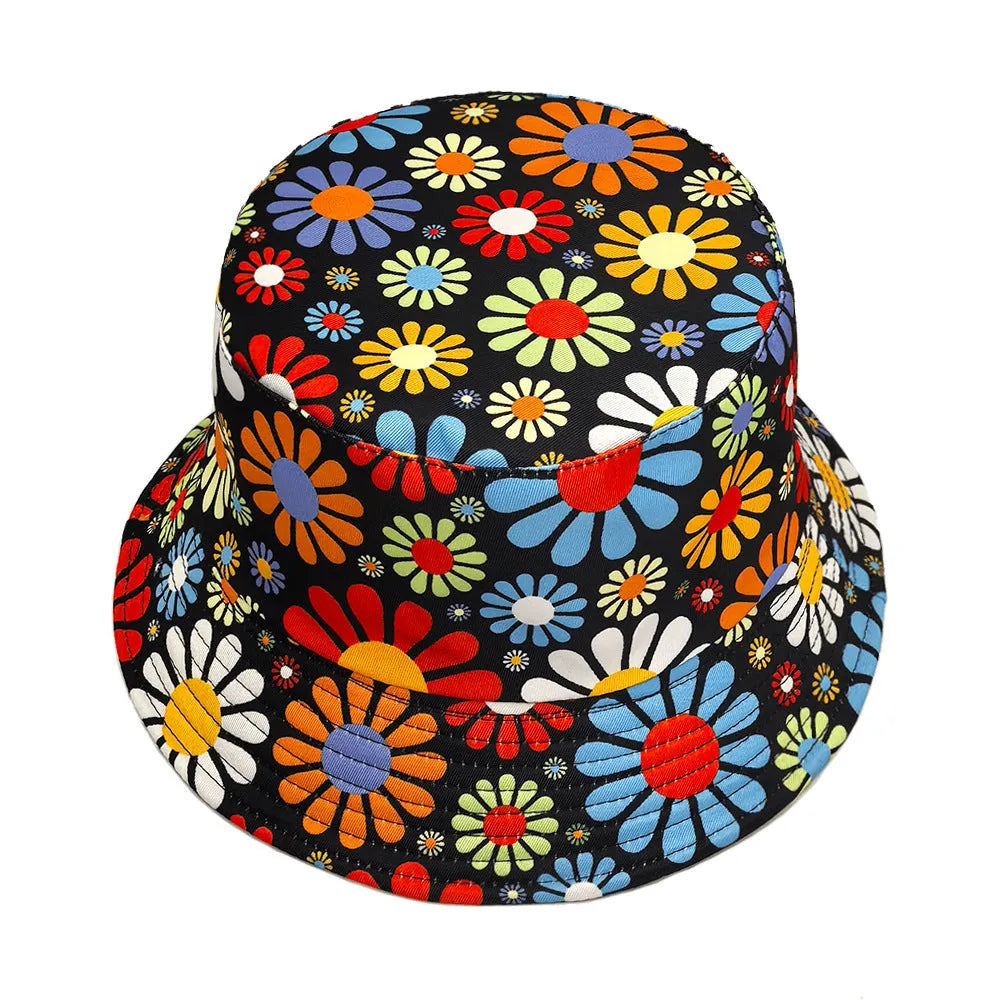 Floral print polyester bucket hat with dome crown on white background