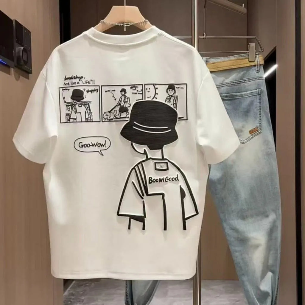 Men's white cartoon print cotton T-shirt with short sleeves and slim fit