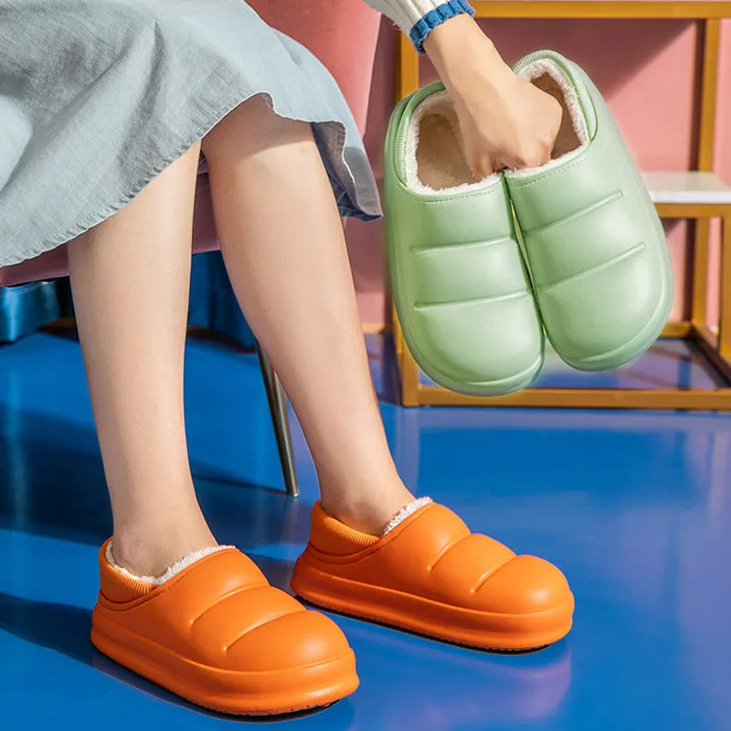 EVA couple cotton slippers in green with non-slip soles and plush lining, heel height 1.5-3.5cm