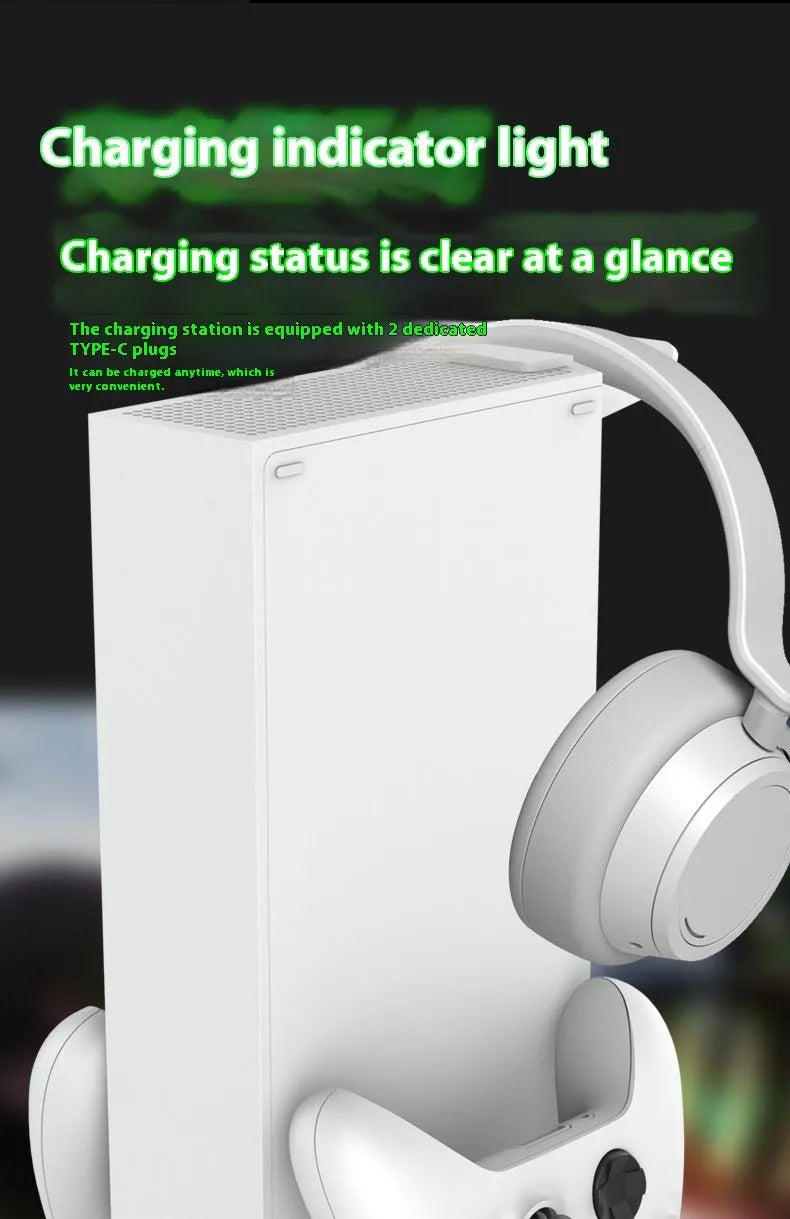 Xbox Series S multi-function charging cooler pad with fan, earphone hook, colourful light, ABS, black or white