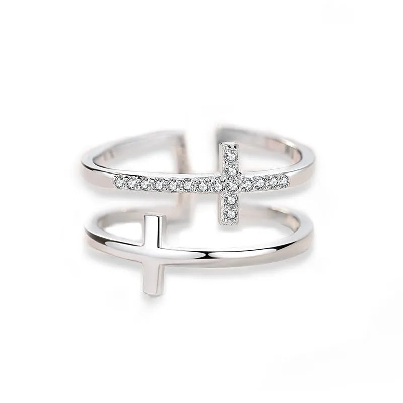 Women's adjustable copper ring with zircon gems in geometry design, showing open and closed positions