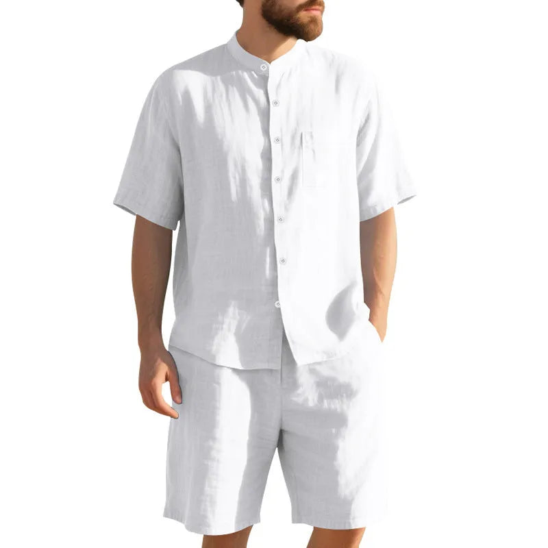 Men's linen-blend summer suit with Henry collar jacket and matching shorts in navy blue colour