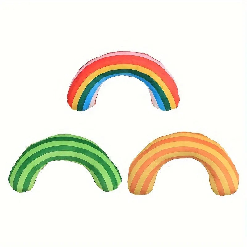 Striped pattern cat pillow toy with built-in catnip strip in green, rainbow, or yellow colour, measuring 23cm by 20cm