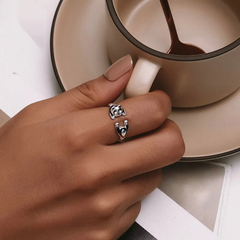 Adjustable sterling silver panda open ring with white gold plating showing 2.5cm diameter and detailed animal motif