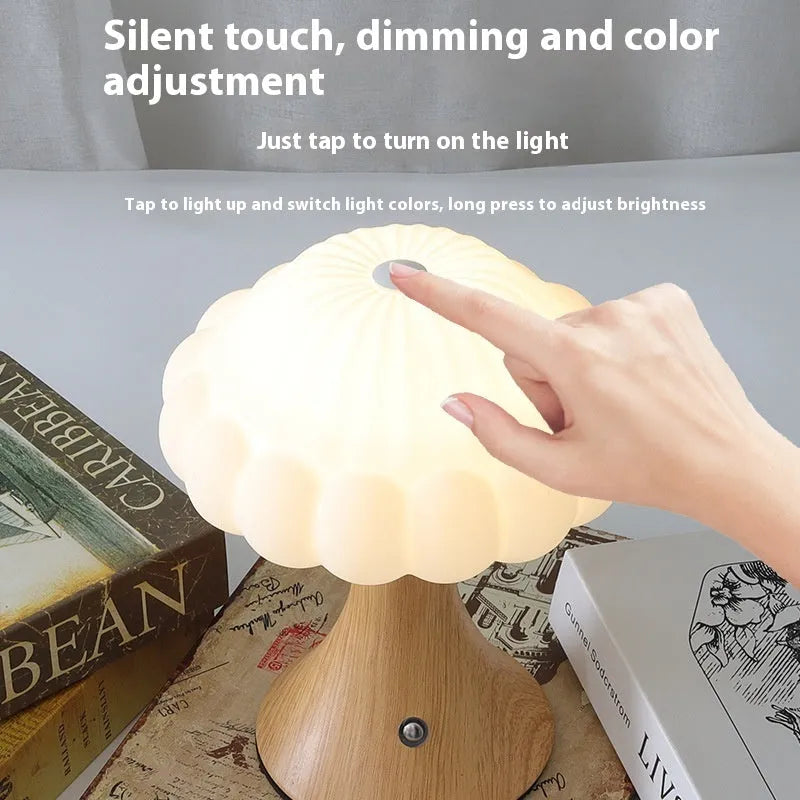 Mushroom-shaped touch night lamp in wood grain colour, 160mm diameter, for bar or cafe decoration