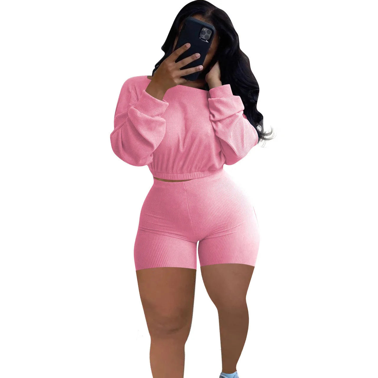 Women's solid colour off-the-shoulder long sleeve top and shorts two-piece set.