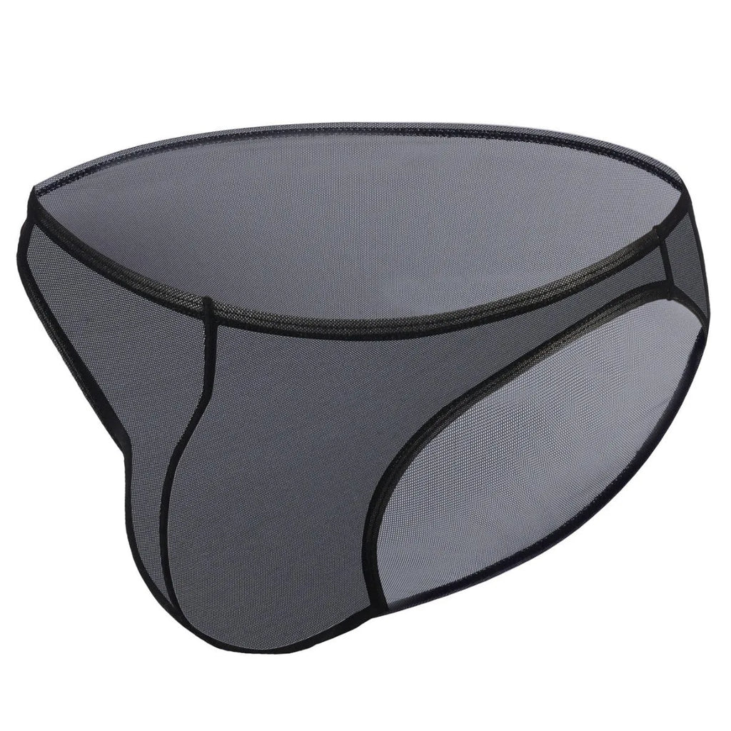 Men's black ice silk triangle mid waist shorts with quick-drying nylon fabric on a grey background