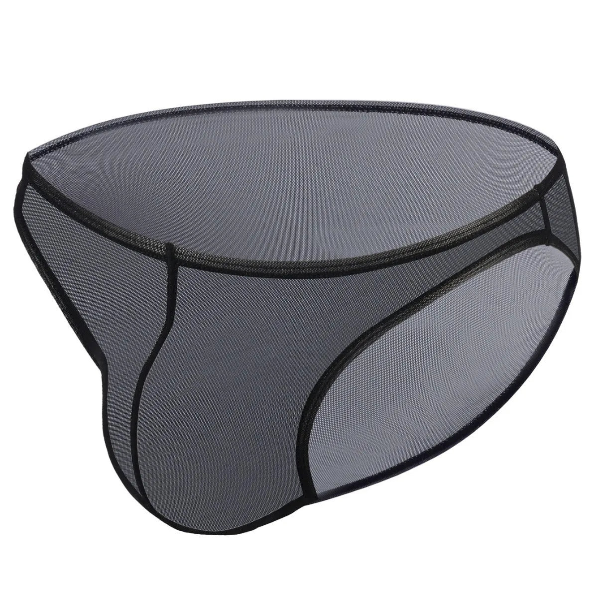 Men's black ice silk triangle mid waist shorts with quick-drying nylon fabric on a grey background