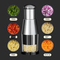 Manual garlic crusher and onion chopper with stainless steel blades on food-grade plastic base