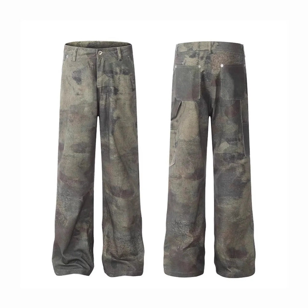 Men's retro camouflage jeans with straight-leg cut and cotton denim fabric in sizes S to 3XL