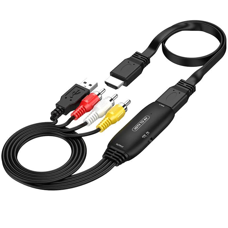 HDMI to AV converter adapter cable with 110cm length showing HDMI connector and dual AV output options