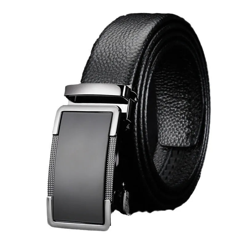 Men's leather belt with automatic buckle in gun black, silver, or gold, adjustable lengths 105-130cm