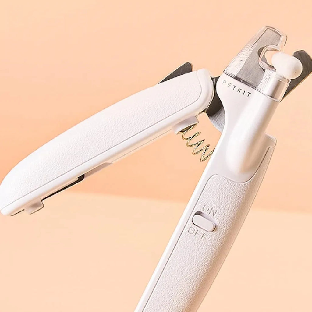 White LED pet nail clippers with transparent baffle and file, 14.8cm long