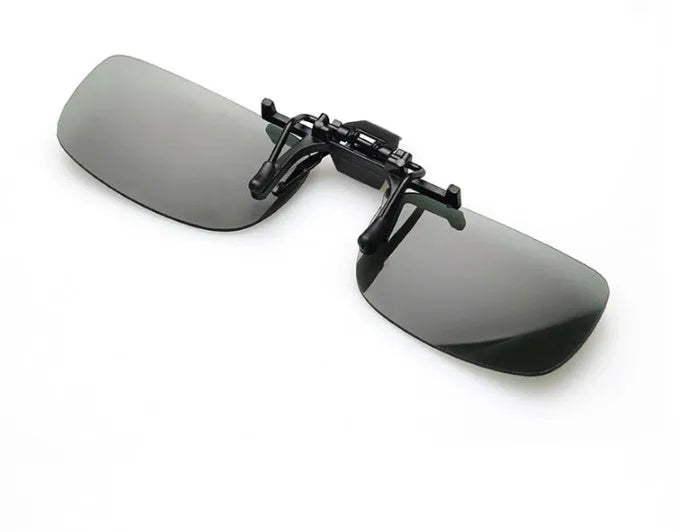 Clip-on myopia sunglasses showing PC lens in choice of grey, dark green or night vision tint, designed for driving and outdoor sports.
