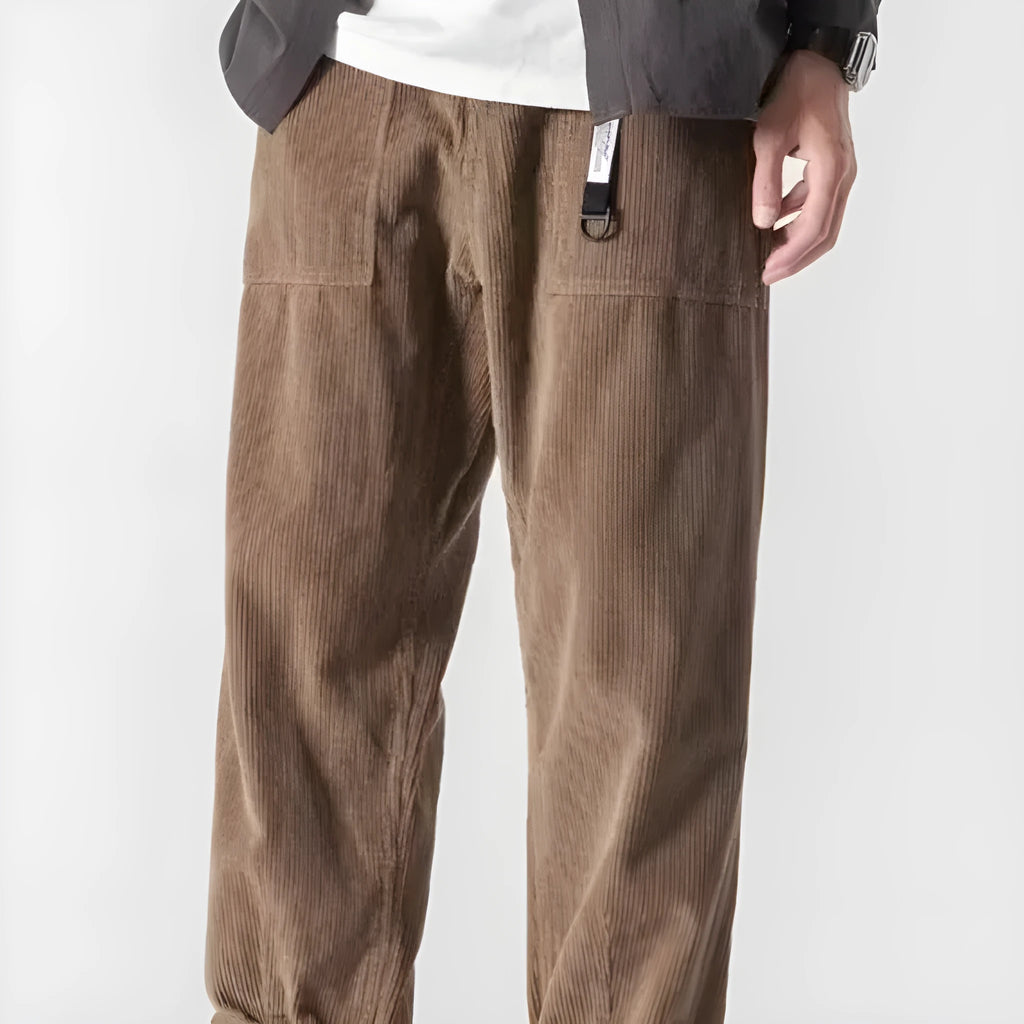 Loose straight tapered pants in dark grey, black, or khaki with wide legs and straight-leg opening