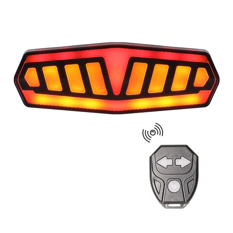 Wireless remote control bicycle taillight showing turn signal functions on a bike seat post