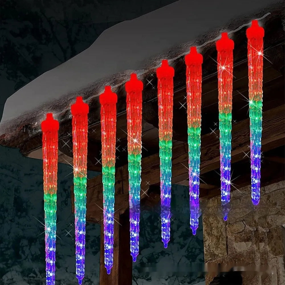 LED ice cone-shaped meteor shower garden light with remote control on a bracket.
