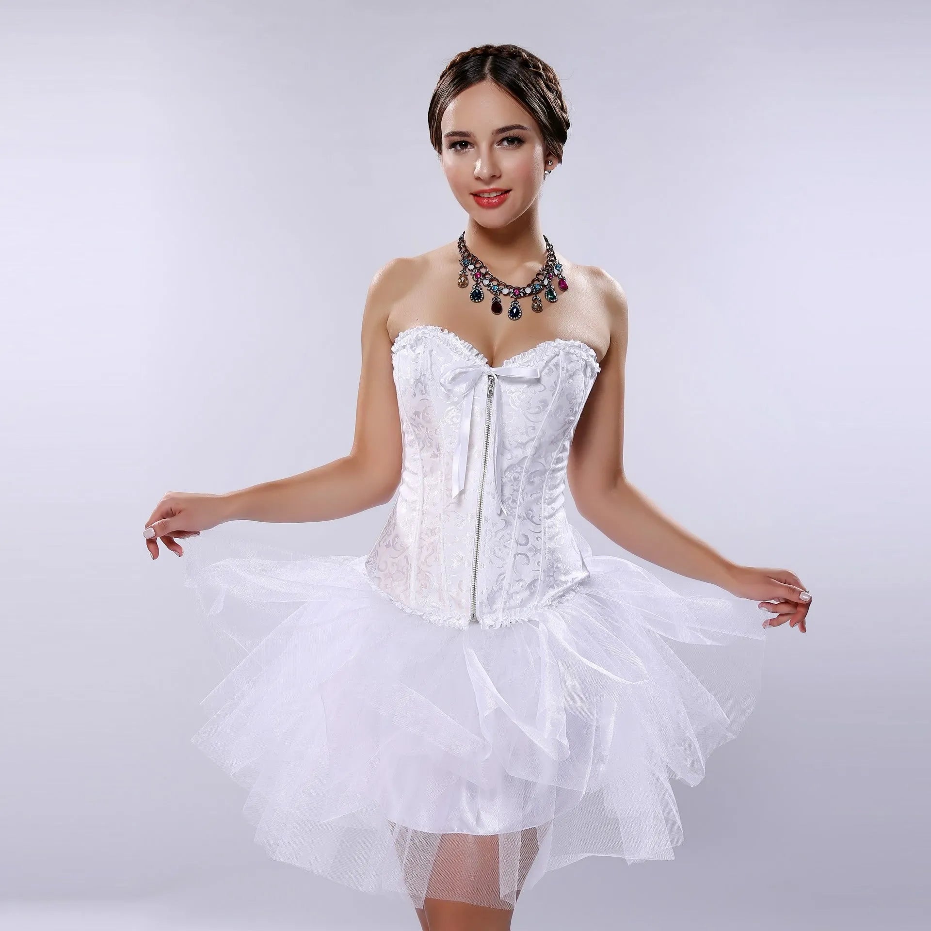 Women's black spandex zipper corset with jacquard texture on a mannequin, showing front closure.