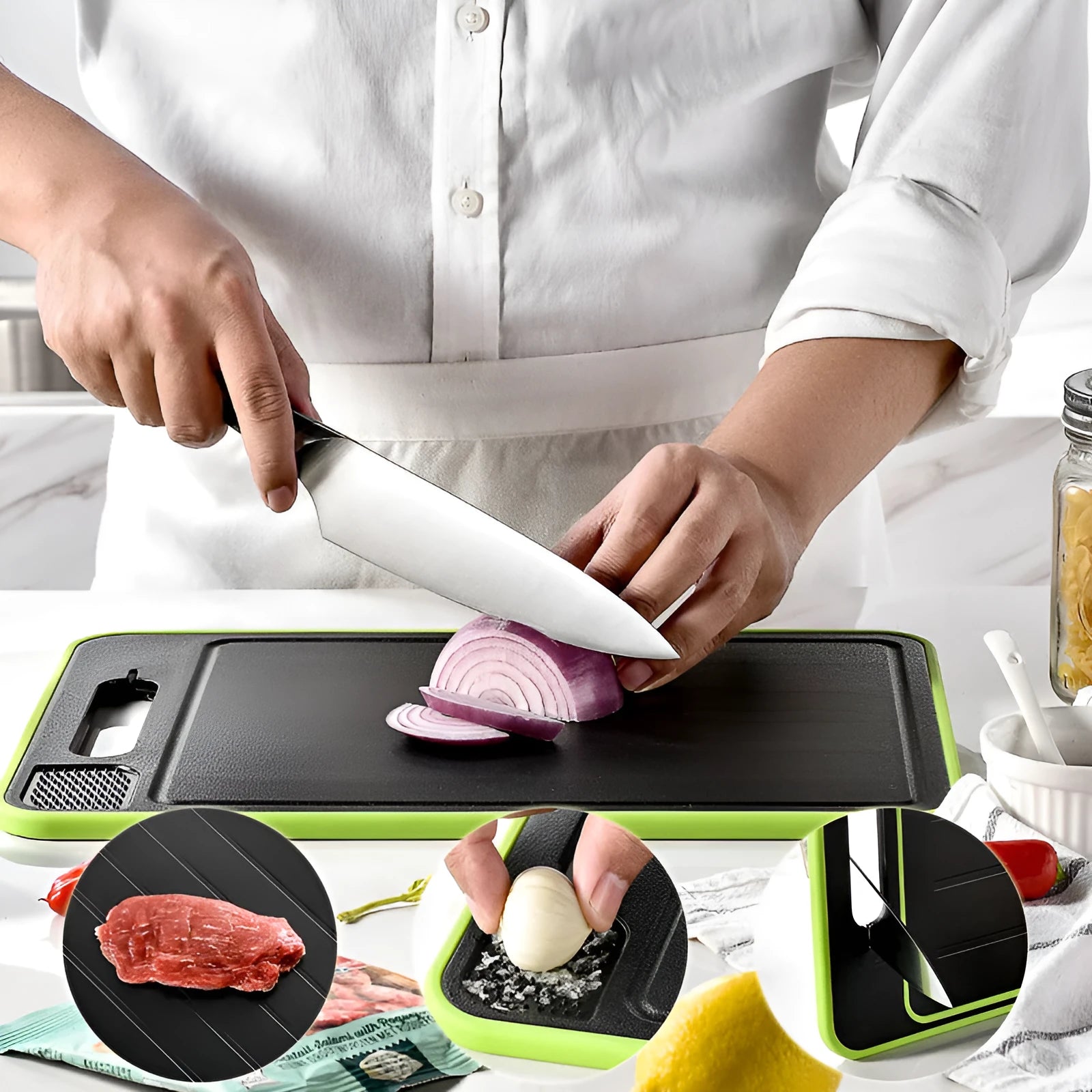 Grey square aluminium cutting board with double sides, grinding teeth, and integrated knife sharpener