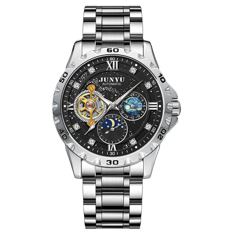 Men's automatic mechanical watch with luminous hands, waterproof design, and 12mm thickness in rose gold, silver, or gold finishes