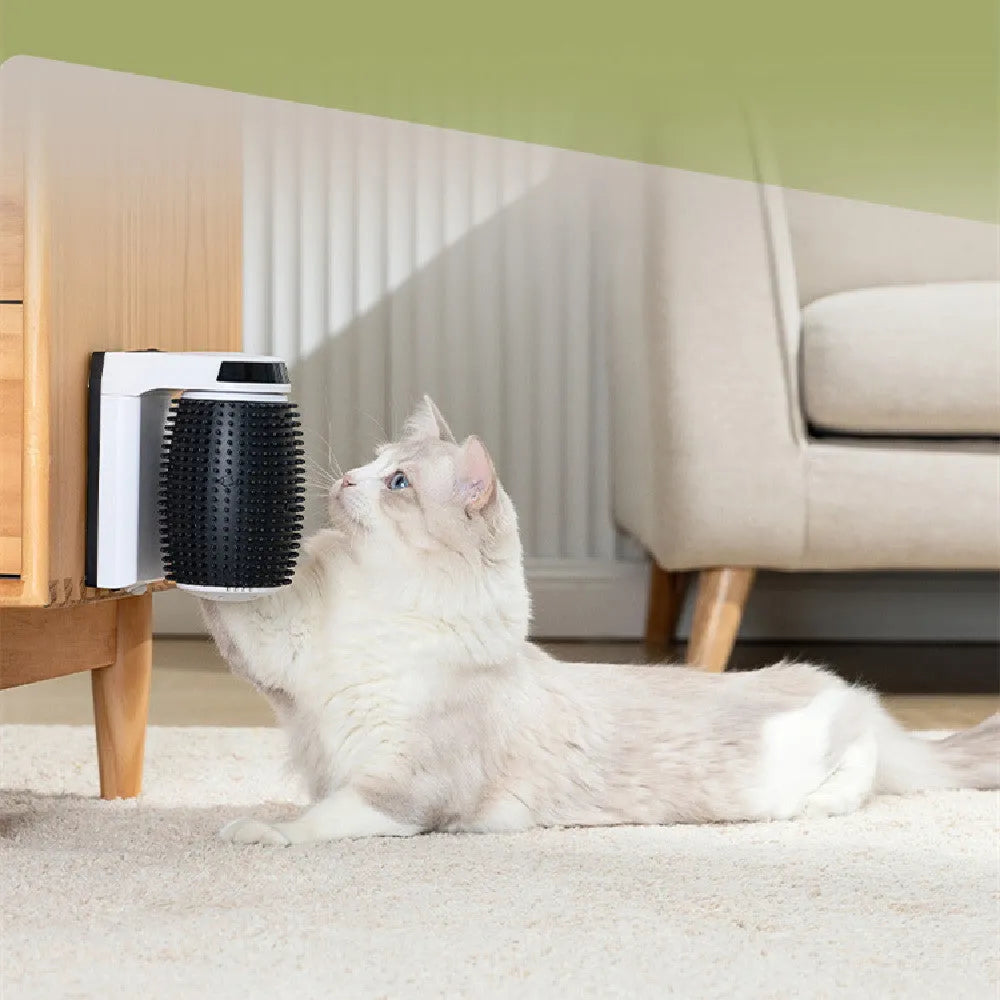 White automatic cat self-groomer wall corner brushes with scratching surfaces for feline independent grooming
