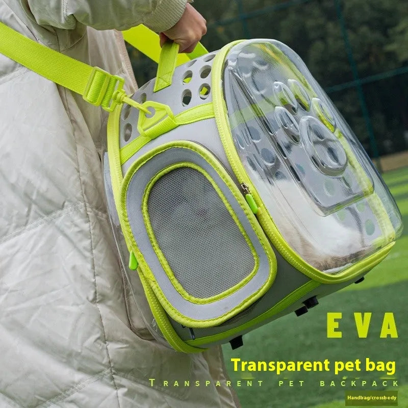 Transparent hard EVA cat backpack in grass green, showing 42x28x35cm dimensions and foldable design for storage