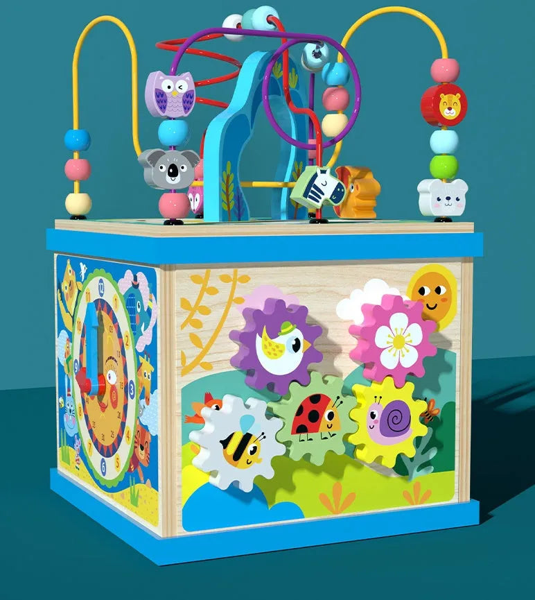 Blue wooden bead treasure box toy with multi-functional scenes for baby and toddler play